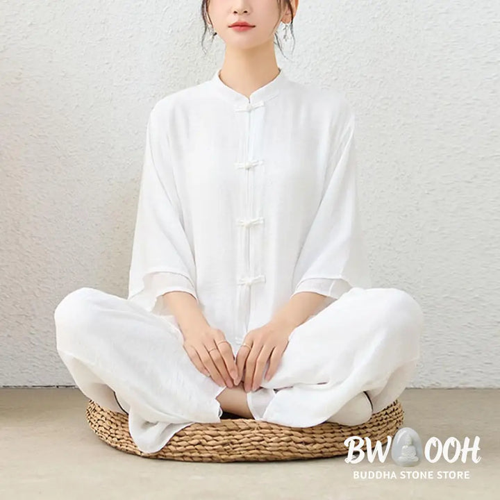 Buddha Stones 2Pcs Simple Chinese Frog Button Design Top Pants Meditation Yoga Zen Tai Chi Cotton Clothing Women’s Set