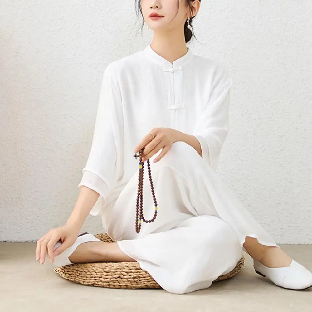 Buddha Stones 2Pcs Simple Chinese Frog Button Design Top Pants Meditation Yoga Zen Tai Chi Cotton Clothing Women’s Set