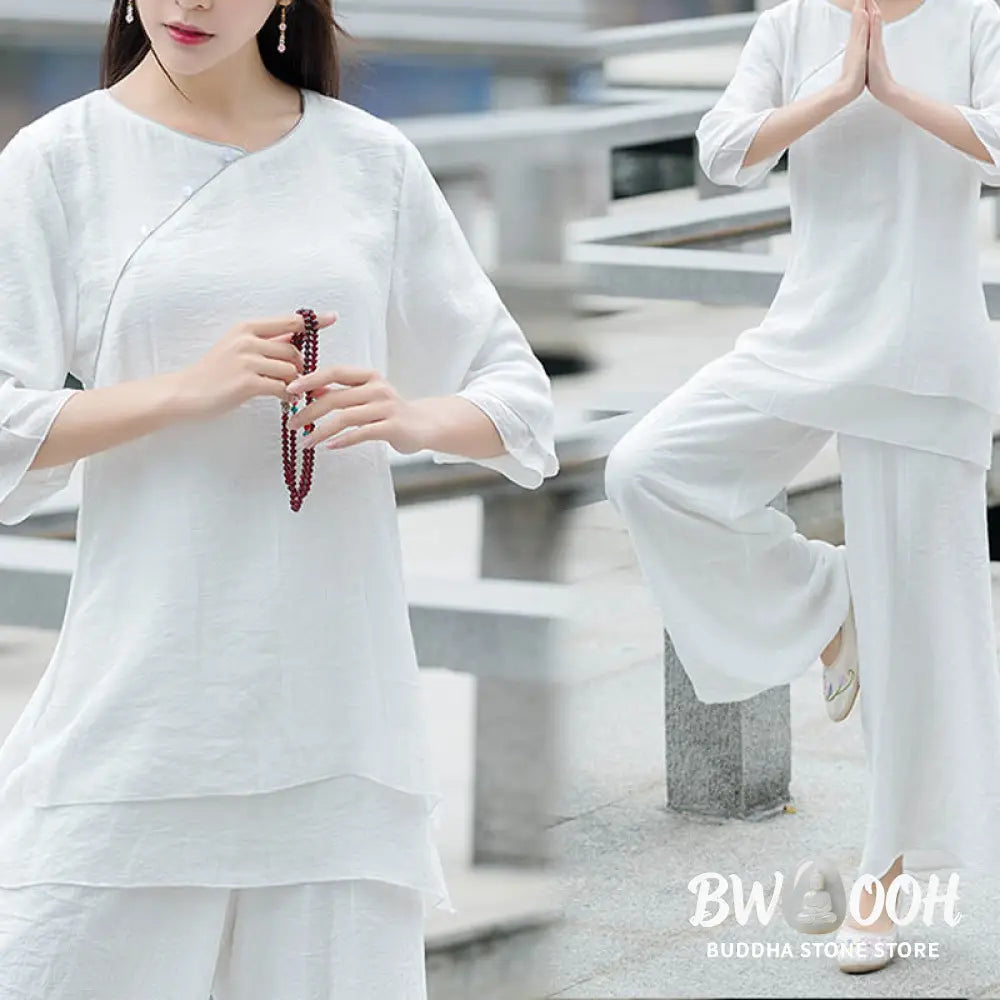 Buddha Stones 2Pcs Simple Design White Top Pants Meditation Yoga Zen Tai Chi Clothing Women’s Set - Clothes