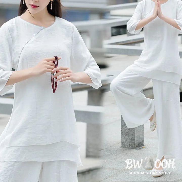 Buddha Stones 2Pcs Simple Design White Top Pants Meditation Yoga Zen Tai Chi Clothing Women’s Set - Clothes