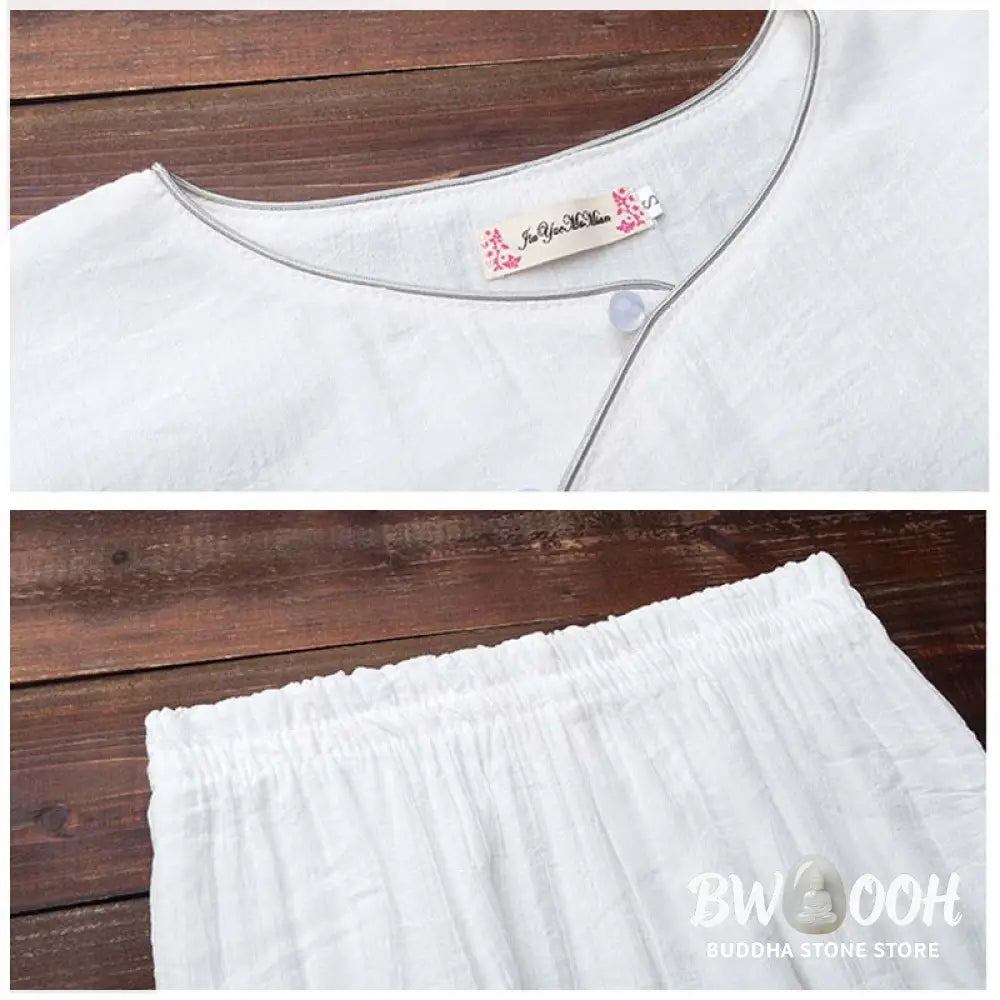 Buddha Stones 2Pcs Simple Design White Top Pants Meditation Yoga Zen Tai Chi Clothing Women’s Set - Clothes