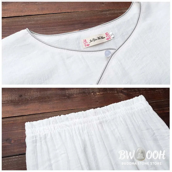 Buddha Stones 2Pcs Simple Design White Top Pants Meditation Yoga Zen Tai Chi Clothing Women’s Set - Clothes