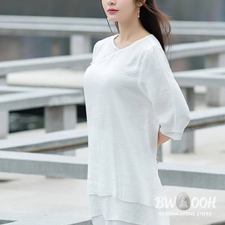 Buddha Stones 2Pcs Simple Design White Top Pants Meditation Yoga Zen Tai Chi Clothing Women’s Set - Clothes