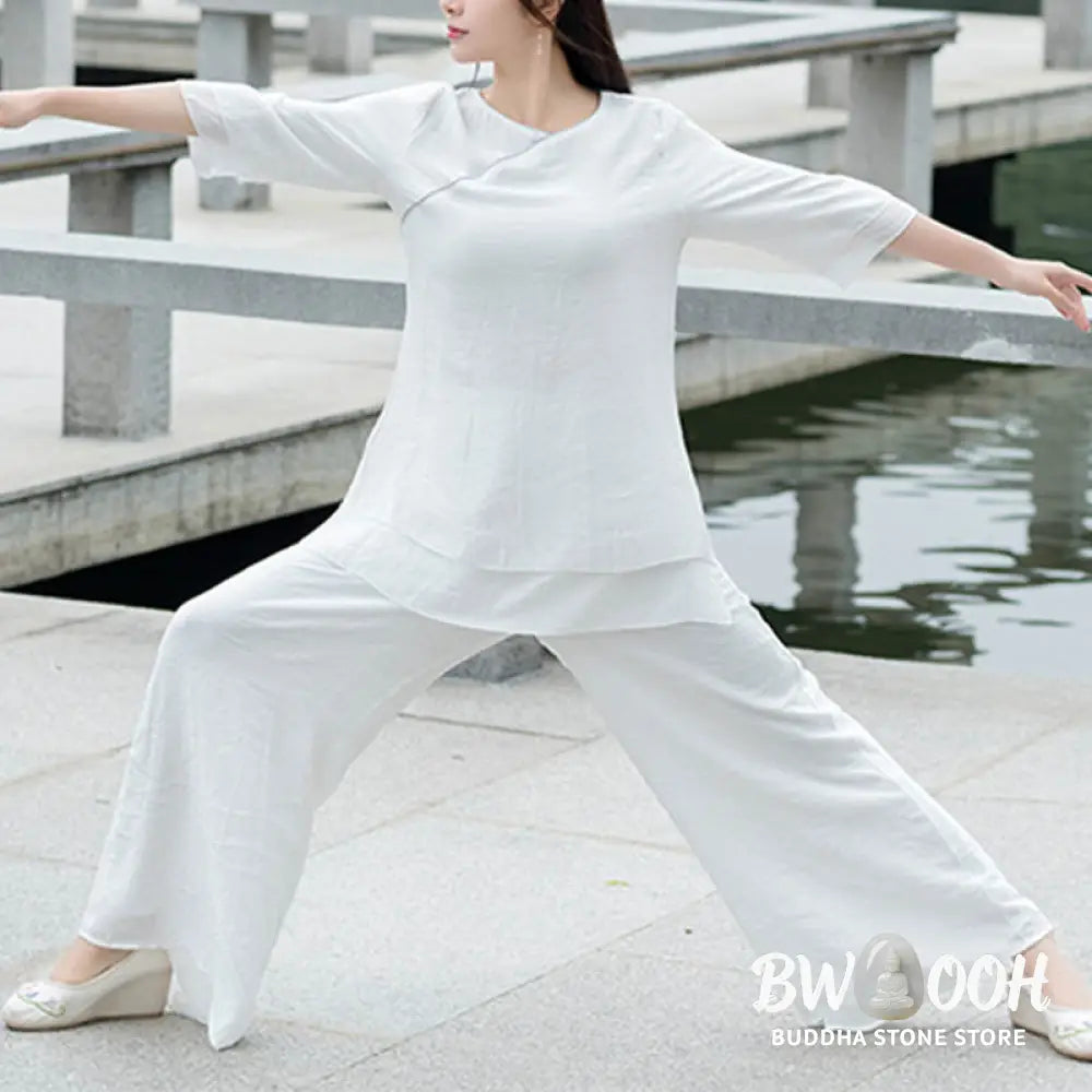 Buddha Stones 2Pcs Simple Design White Top Pants Meditation Yoga Zen Tai Chi Clothing Women’s Set - Clothes