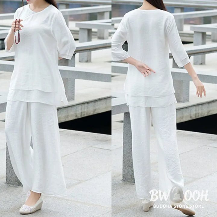 Buddha Stones 2Pcs Simple Design White Top Pants Meditation Yoga Zen Tai Chi Clothing Women’s Set - Clothes