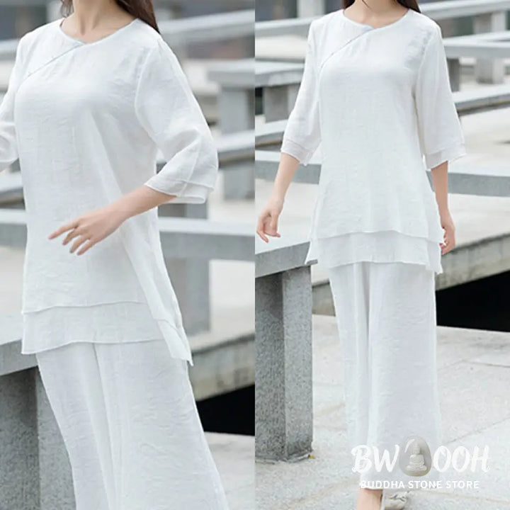Buddha Stones 2Pcs Simple Design White Top Pants Meditation Yoga Zen Tai Chi Clothing Women’s Set - Clothes
