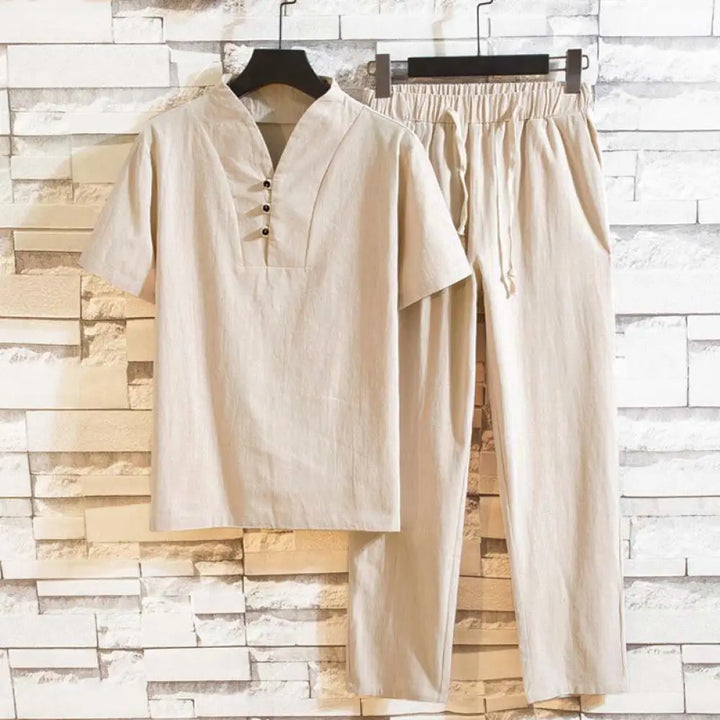 Buddha Stones 2Pcs Solid Color Cotton Button Short Sleeve T-shirt Pants Men&