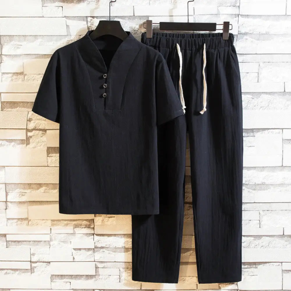 Buddha Stones 2Pcs Solid Color Cotton Button Short Sleeve T-shirt Pants Men&