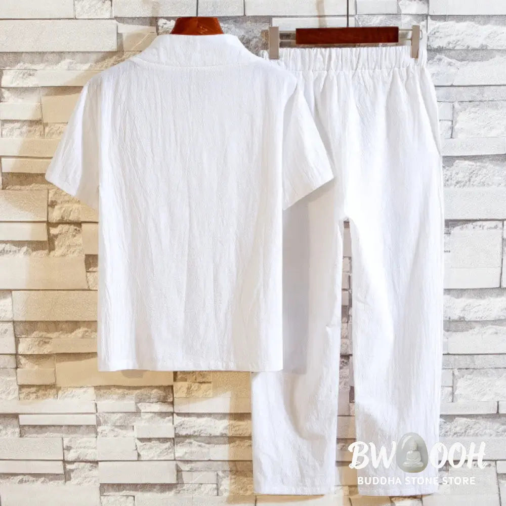 Buddha Stones 2Pcs Solid Color Cotton Button Short Sleeve T-shirt Pants Men&