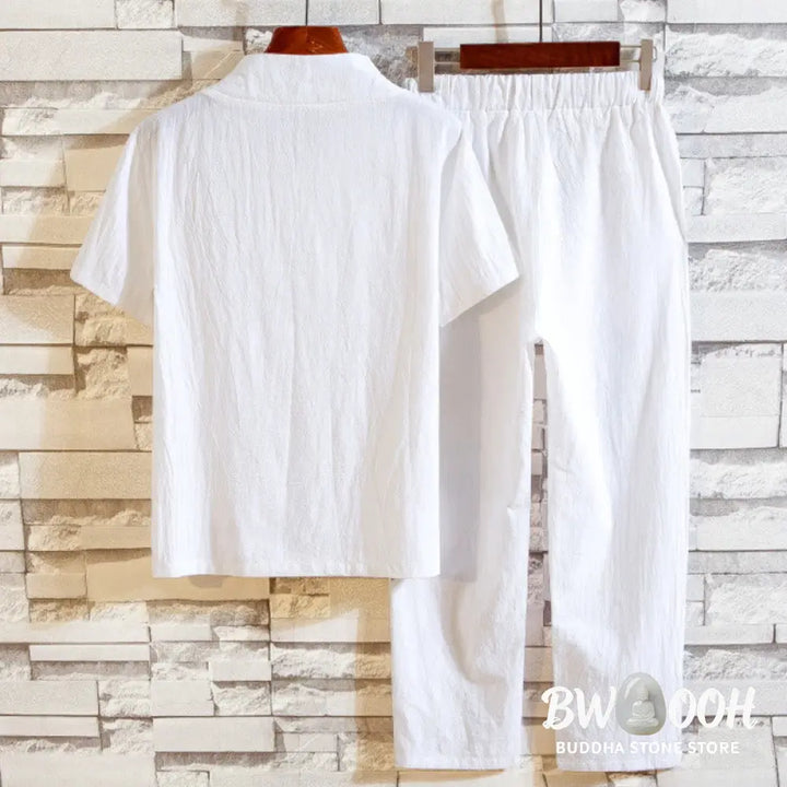 Buddha Stones 2Pcs Solid Color Cotton Button Short Sleeve T-shirt Pants Men&