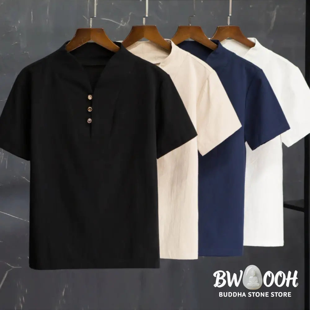 Buddha Stones 2Pcs Solid Color Cotton Button Short Sleeve T-shirt Pants Men&