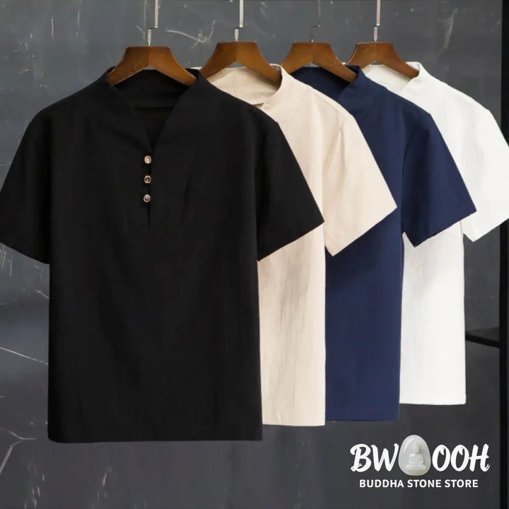 Buddha Stones 2Pcs Solid Color Cotton Button Short Sleeve T-shirt Pants Men&