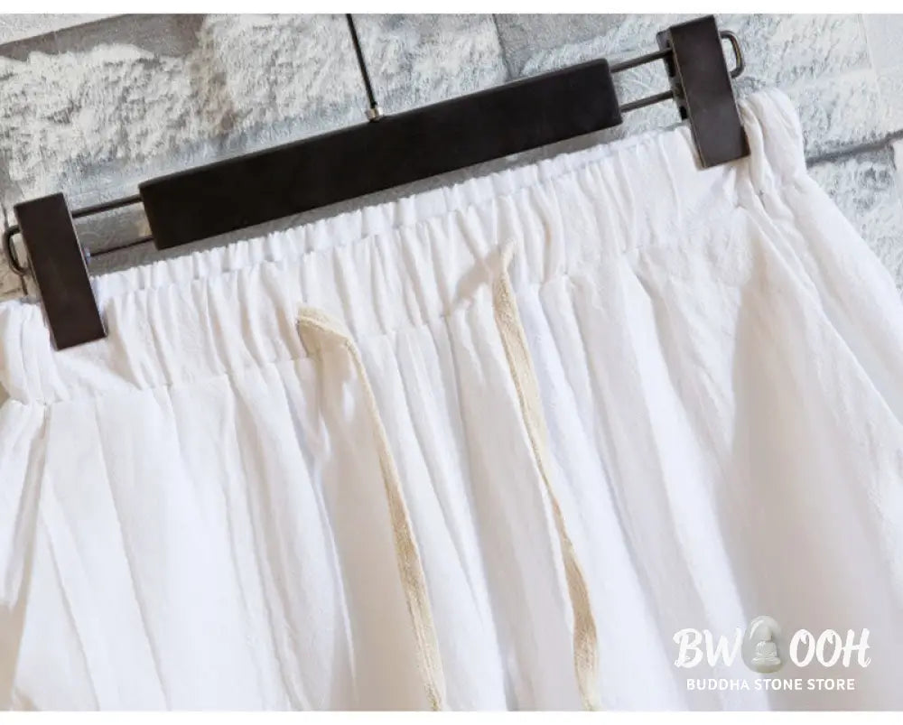 Buddha Stones 2Pcs Solid Color Cotton Button Short Sleeve T-shirt Pants Men&