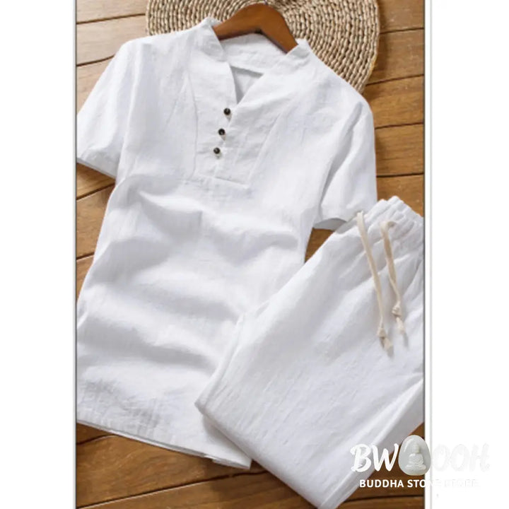 Buddha Stones 2Pcs Solid Color Cotton Button Short Sleeve T-shirt Pants Men&