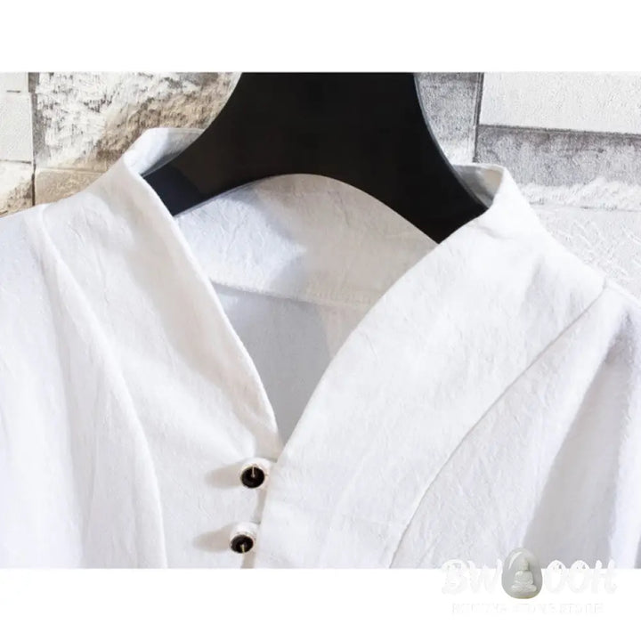 Buddha Stones 2Pcs Solid Color Cotton Button Short Sleeve T-shirt Pants Men&