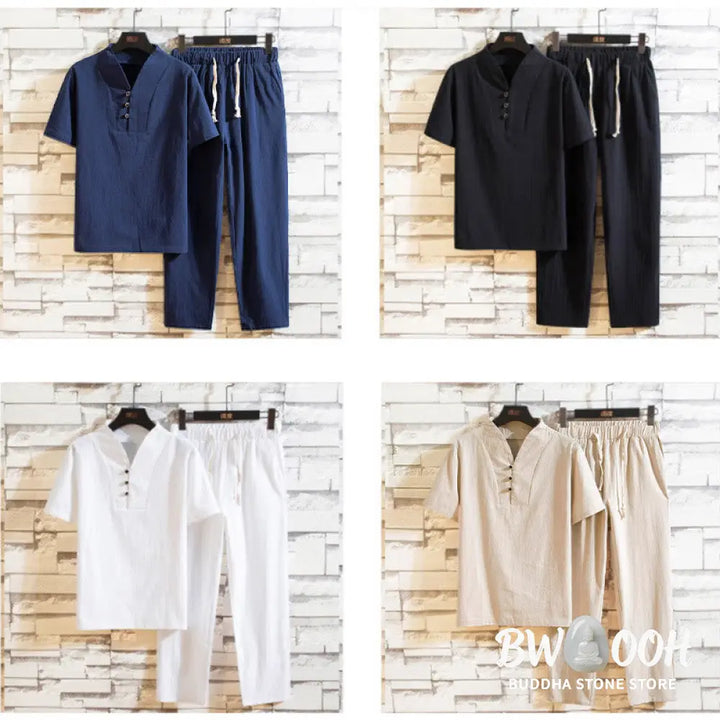 Buddha Stones 2Pcs Solid Color Cotton Button Short Sleeve T-shirt Pants Men&