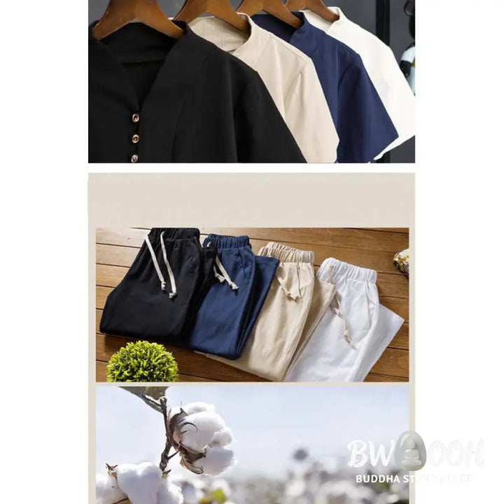 Buddha Stones 2Pcs Solid Color Cotton Button Short Sleeve T-shirt Pants Men&