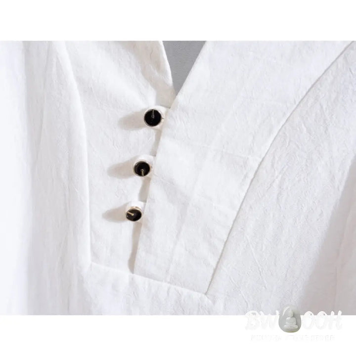 Buddha Stones 2Pcs Solid Color Cotton Button Short Sleeve T-shirt Pants Men&