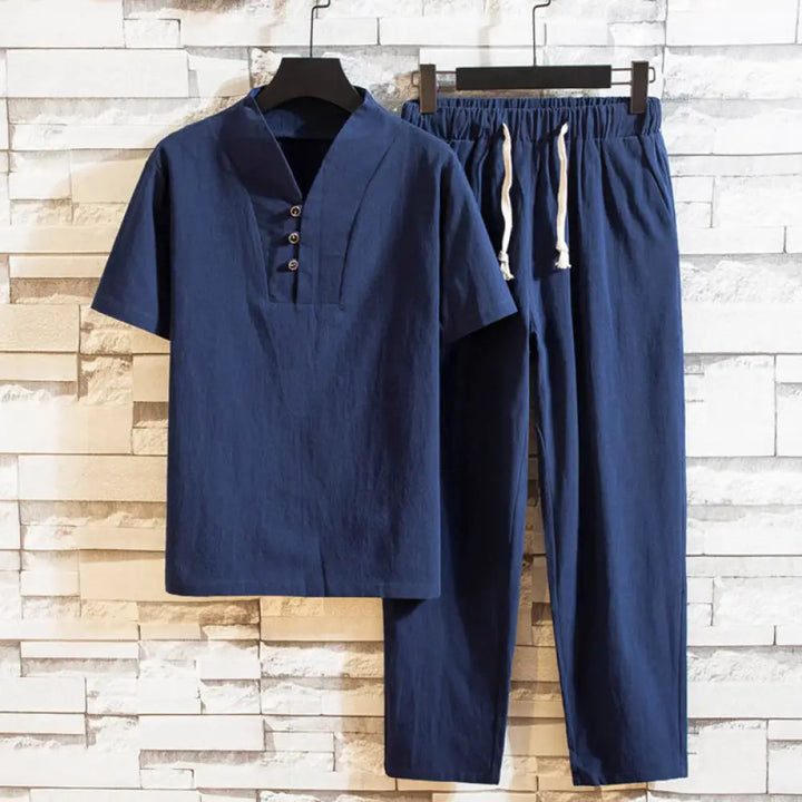Buddha Stones 2Pcs Solid Color Cotton Button Short Sleeve T-shirt Pants Men&