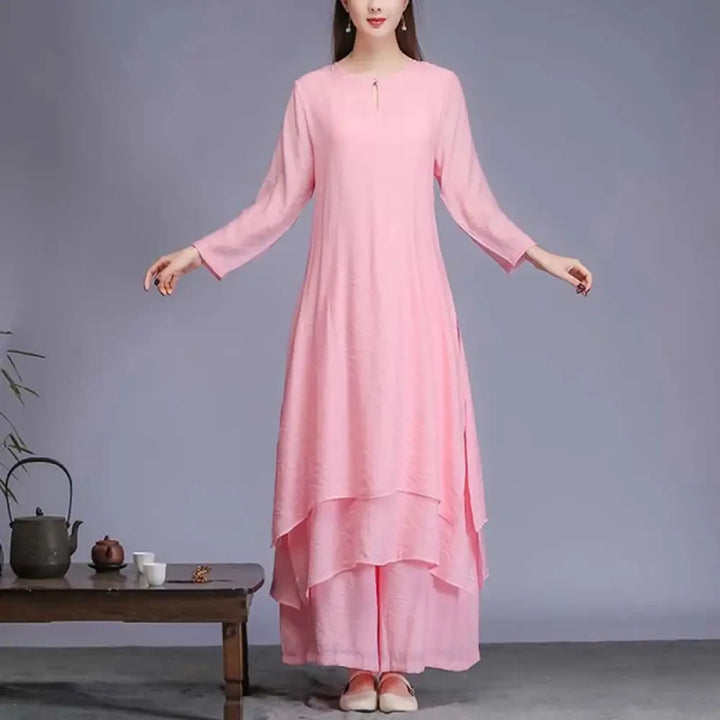 Buddha Stones 2Pcs Solid Color Midi Dress Wide Leg Pants Meditation Spiritual Zen Practice Yoga Dance Clothing - 2Pcs