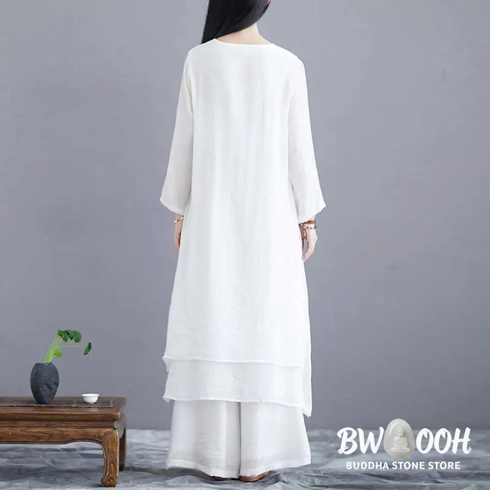 Buddha Stones 2Pcs Solid Color Midi Dress Wide Leg Pants Meditation Spiritual Zen Practice Yoga Dance Clothing