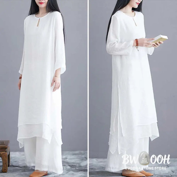 Buddha Stones 2Pcs Solid Color Midi Dress Wide Leg Pants Meditation Spiritual Zen Practice Yoga Dance Clothing
