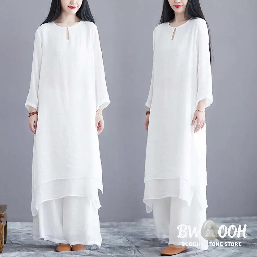 Buddha Stones 2Pcs Solid Color Midi Dress Wide Leg Pants Meditation Spiritual Zen Practice Yoga Dance Clothing