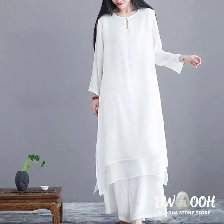Buddha Stones 2Pcs Solid Color Midi Dress Wide Leg Pants Meditation Spiritual Zen Practice Yoga Dance Clothing