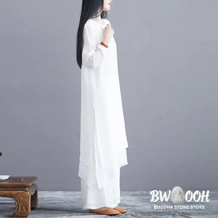 Buddha Stones 2Pcs Solid Color Midi Dress Wide Leg Pants Meditation Spiritual Zen Practice Yoga Dance Clothing