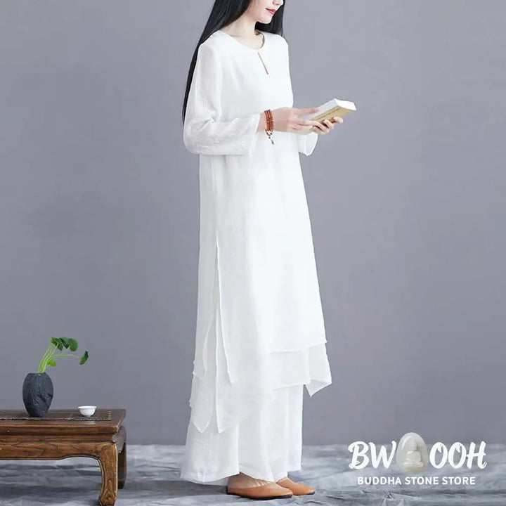 Buddha Stones 2Pcs Solid Color Midi Dress Wide Leg Pants Meditation Spiritual Zen Practice Yoga Dance Clothing