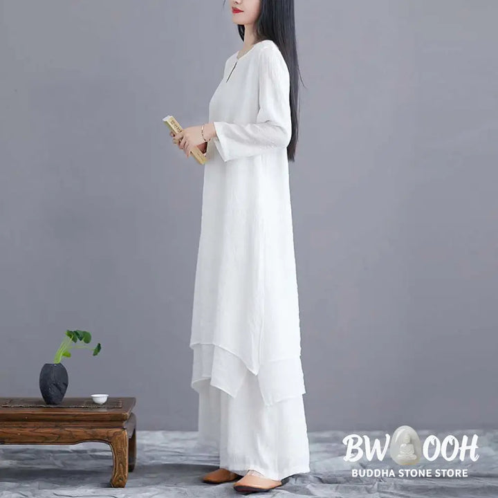 Buddha Stones 2Pcs Solid Color Midi Dress Wide Leg Pants Meditation Spiritual Zen Practice Yoga Dance Clothing