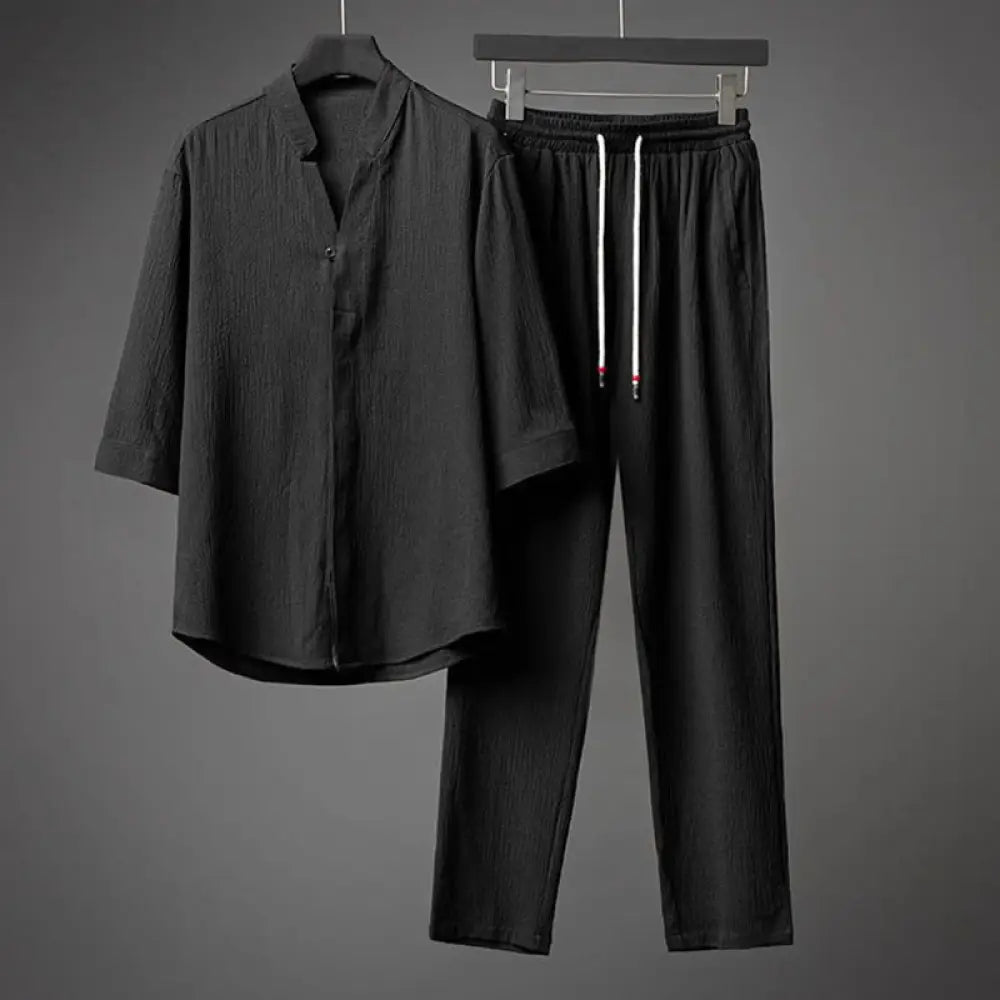 Buddha Stones 2Pcs Solid Color Texture Button Half Sleeve Shirt Pants Men&