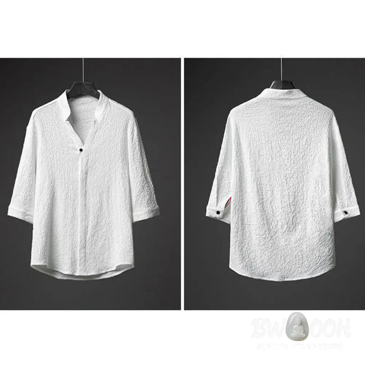 Buddha Stones 2Pcs Solid Color Texture Button Half Sleeve Shirt Pants Men&