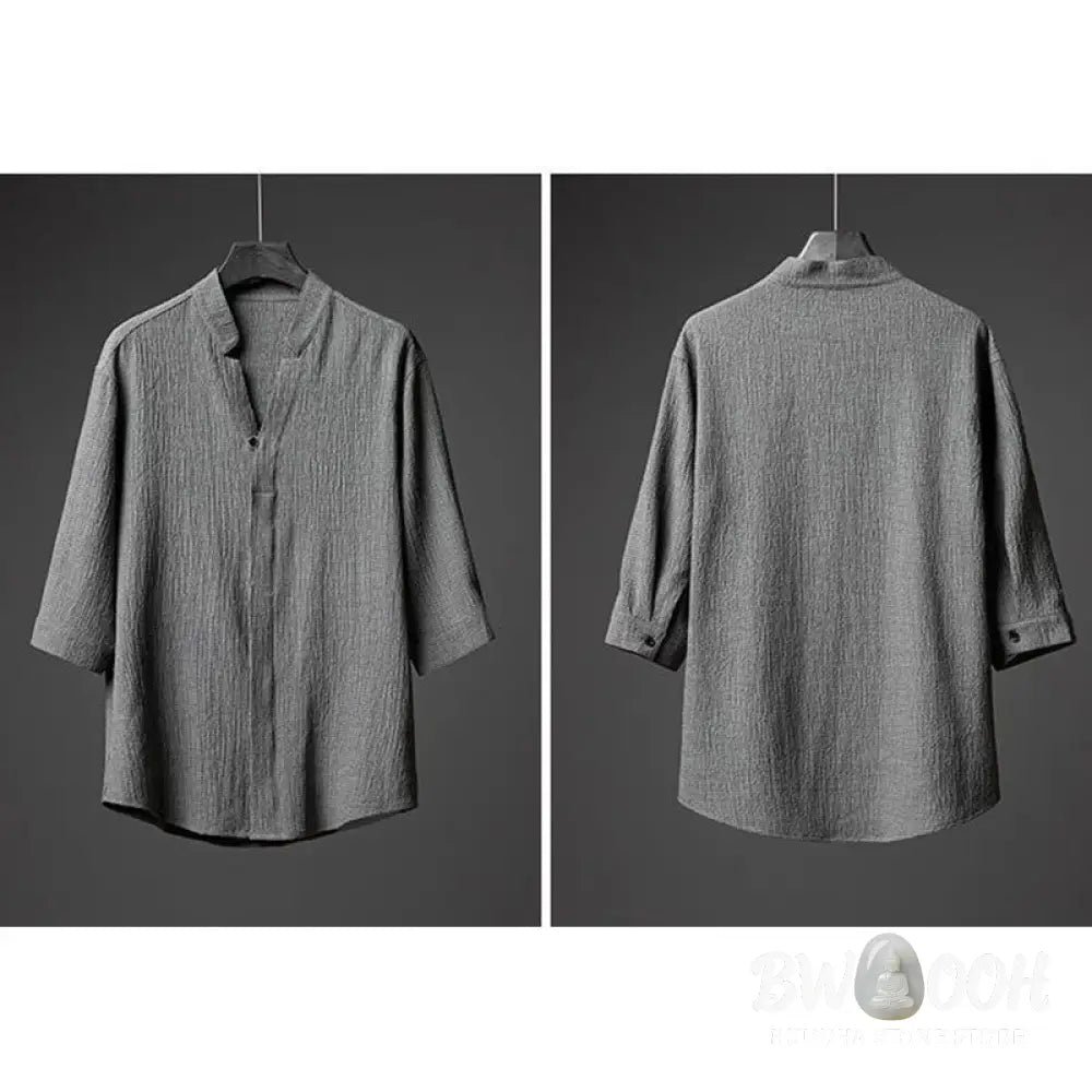 Buddha Stones 2Pcs Solid Color Texture Button Half Sleeve Shirt Pants Men's Set - Men's Meditation Cloth