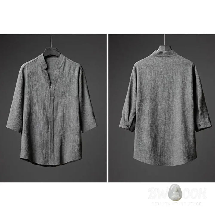 Buddha Stones 2Pcs Solid Color Texture Button Half Sleeve Shirt Pants Men&