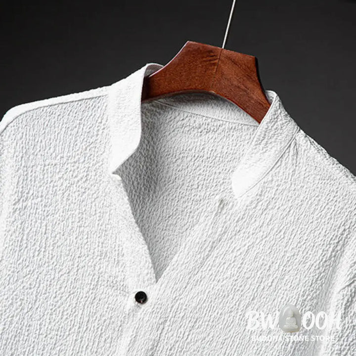 Buddha Stones 2Pcs Solid Color Texture Button Half Sleeve Shirt Pants Men&