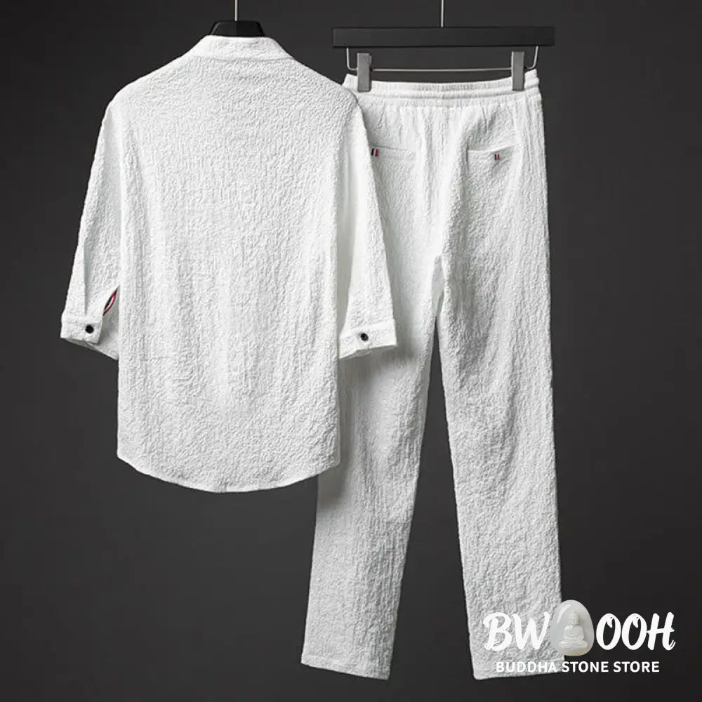 Buddha Stones 2Pcs Solid Color Texture Button Half Sleeve Shirt Pants Men&