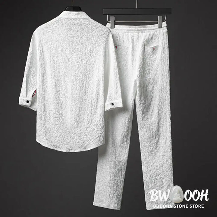 Buddha Stones 2Pcs Solid Color Texture Button Half Sleeve Shirt Pants Men&