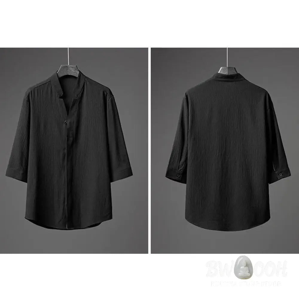 Buddha Stones 2Pcs Solid Color Texture Button Half Sleeve Shirt Pants Men&