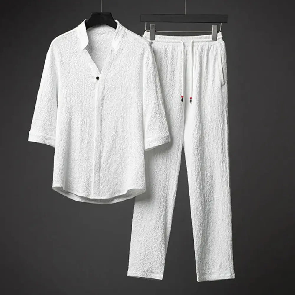 Buddha Stones 2Pcs Solid Color Texture Button Half Sleeve Shirt Pants Men&