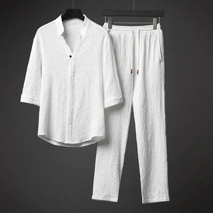 Buddha Stones 2Pcs Solid Color Texture Button Half Sleeve Shirt Pants Men&