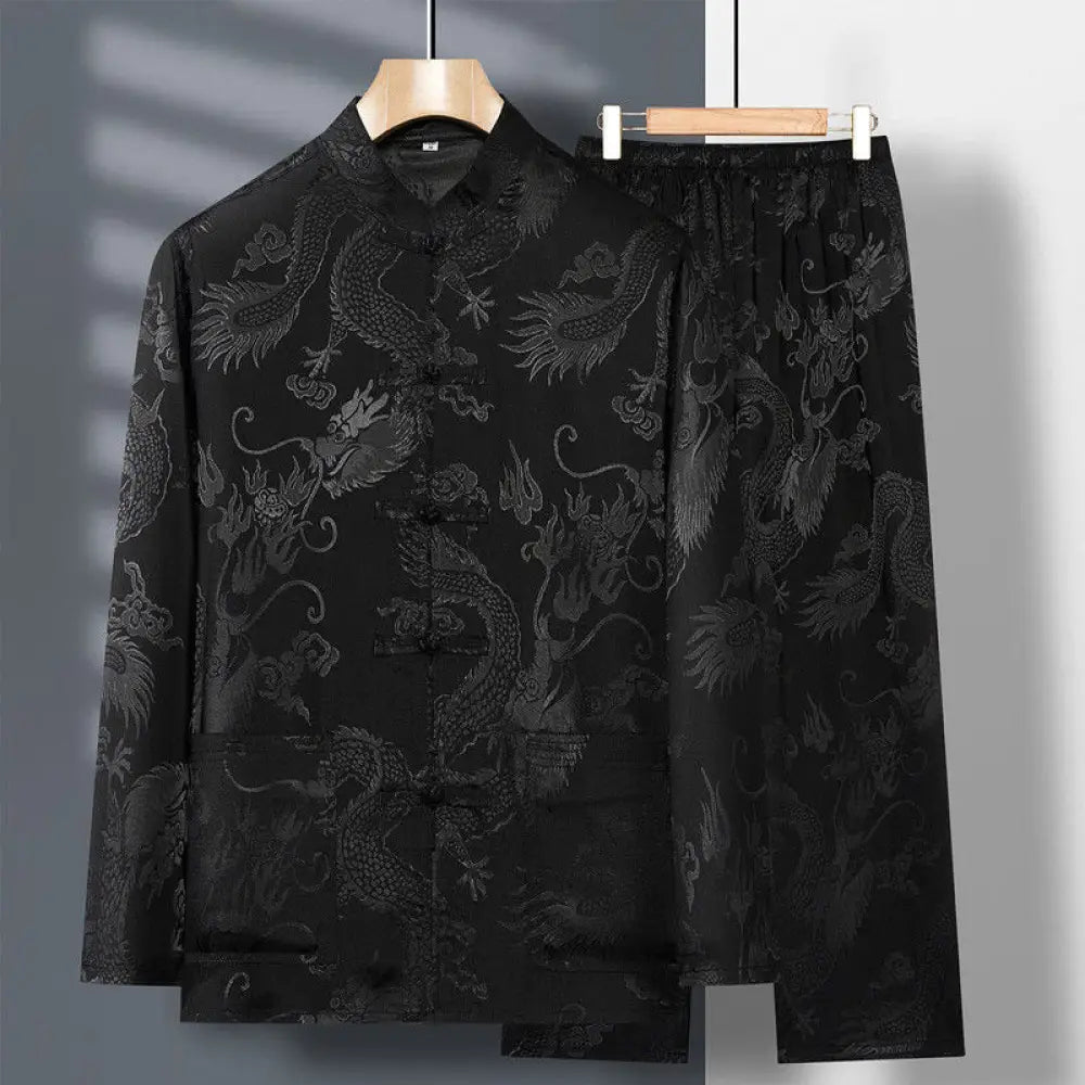 Buddha Stones 2Pcs Tang Suit Dragon Frog-Button Men’s Long Sleeve Shirt Pants Clothing Set - Black / US/UK/AU36，EU46