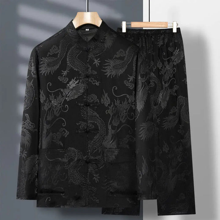 Buddha Stones 2Pcs Tang Suit Dragon Frog-Button Men’s Long Sleeve Shirt Pants Clothing Set - Black / US/UK/AU36，EU46