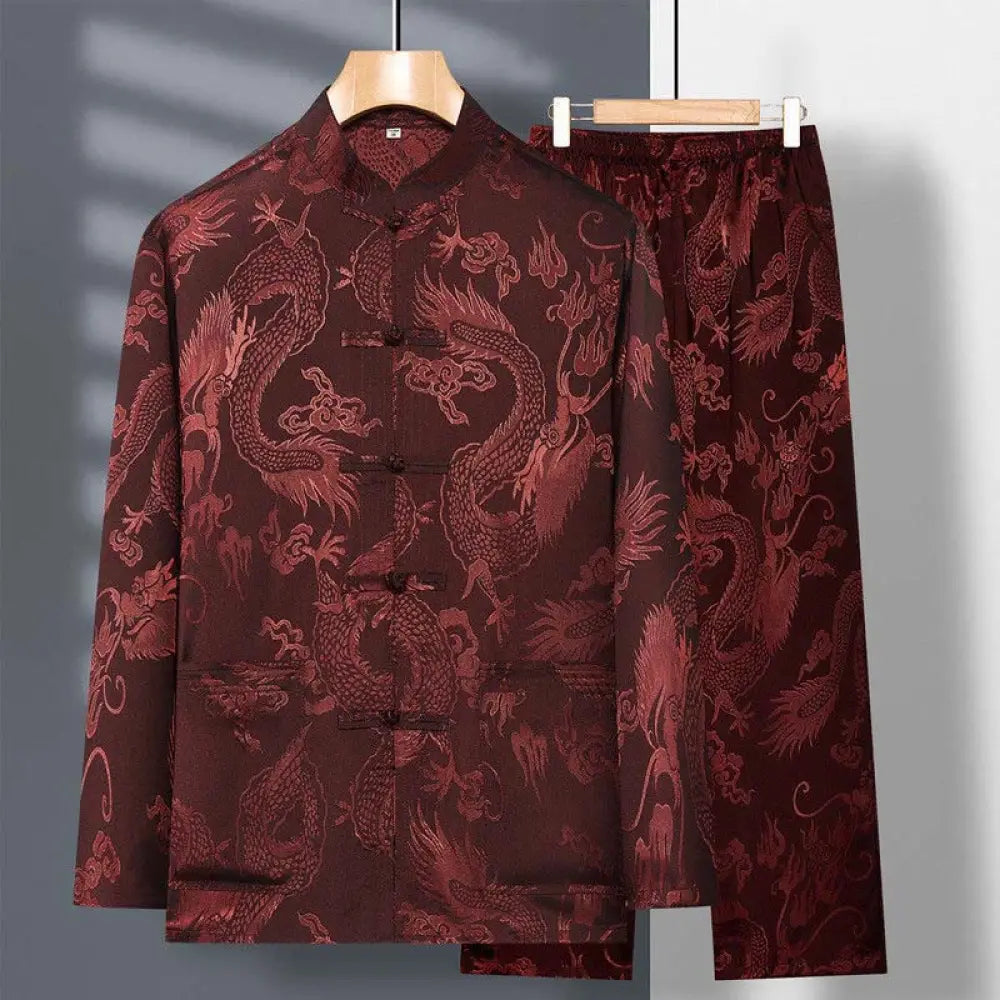 Buddha Stones 2Pcs Tang Suit Dragon Frog-Button Men’s Long Sleeve Shirt Pants Clothing Set - Brown / US/UK/AU36，EU46