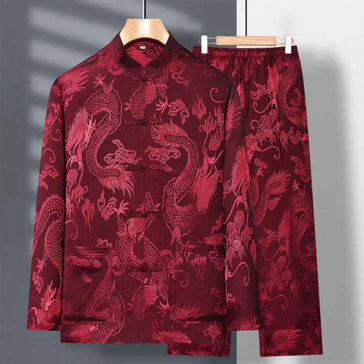 Buddha Stones 2Pcs Tang Suit Dragon Frog-Button Men’s Long Sleeve Shirt Pants Clothing Set - FireBrick