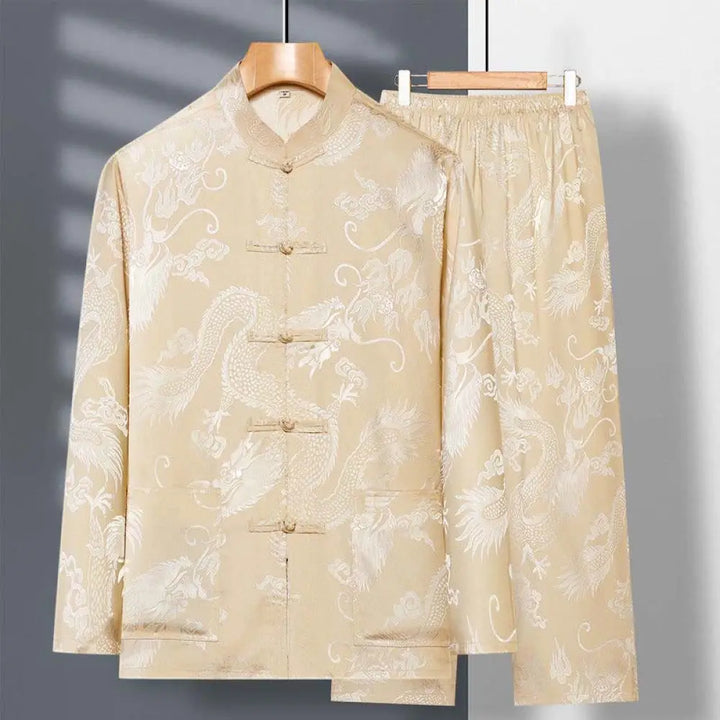 Buddha Stones 2Pcs Tang Suit Dragon Frog-Button Men’s Long Sleeve Shirt Pants Clothing Set - Khaki / US/UK/AU36，EU46
