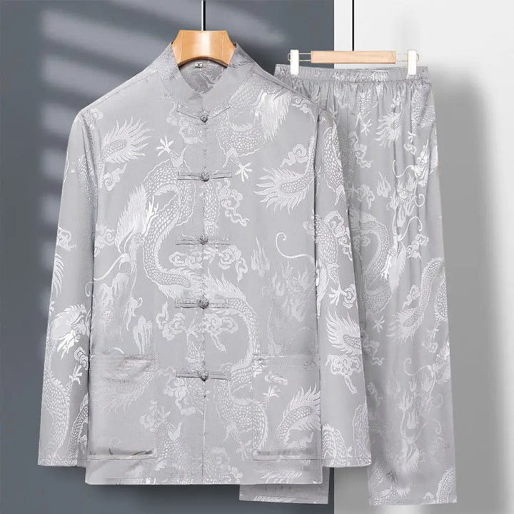 Buddha Stones 2Pcs Tang Suit Dragon Frog-Button Men’s Long Sleeve Shirt Pants Clothing Set - LightGrey