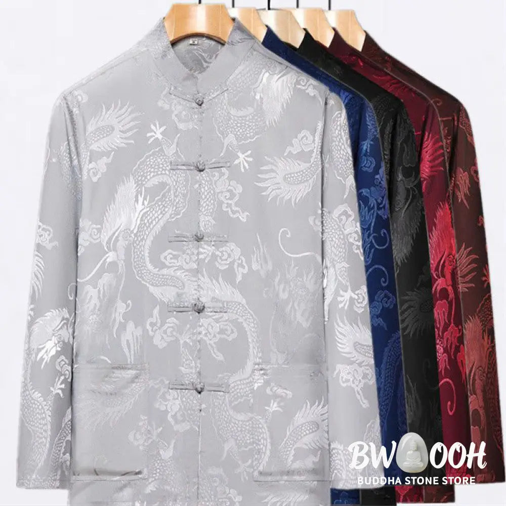 Buddha Stones 2Pcs Tang Suit Dragon Frog-Button Men’s Long Sleeve Shirt Pants Clothing Set - Men’s Meditation Cloth