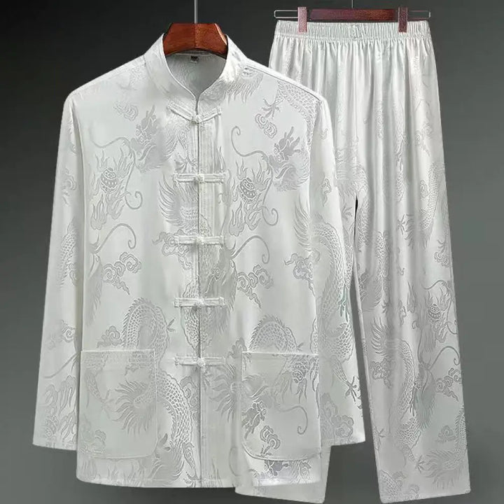 Buddha Stones 2Pcs Tang Suit Dragon Frog-Button Men’s Long Sleeve Shirt Pants Clothing Set - White / US/UK/AU36，EU46