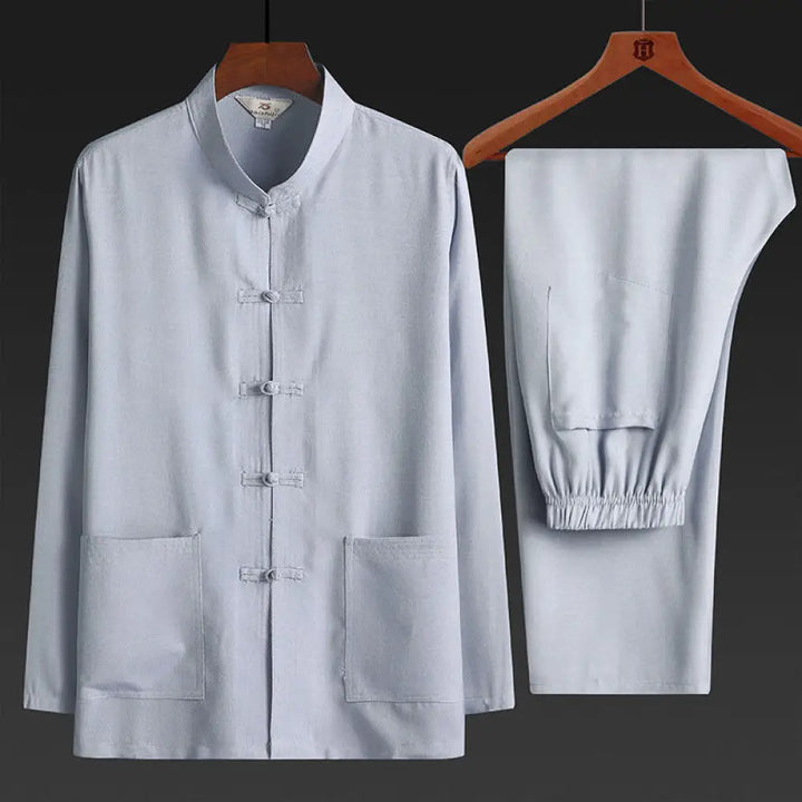 Buddha Stones 2Pcs Tang Suit Plain Color Frog-Button Men’s Long Sleeve Shirt Pants Set - LightGrey / 2Pcs Set